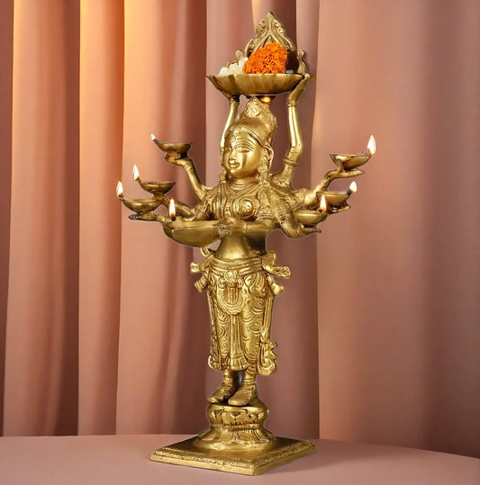 Brassaura™ Brass Deep Lakshmi Idol with Ten Hands – Height 15 Inches | Handcrafted Goddess Statue, 4 Kgs