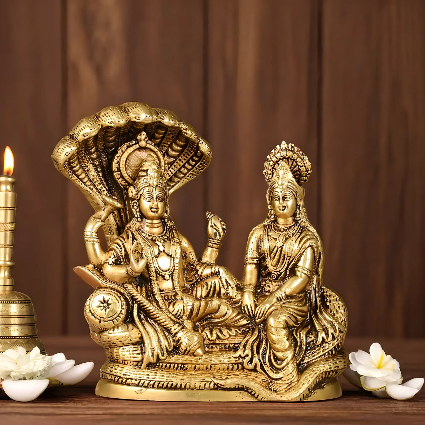 Brassaura™ Pure Brass Lakshmi Narayan Idol on Sheshnaag – 4kg, 8-Inch – Handcrafted Idol for Serenity & Prosperity in Home Temple