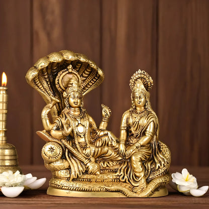 Brassaura™ Pure Brass Lakshmi Narayan Idol on Sheshnaag – 4kg, 8-Inch – Handcrafted Idol for Serenity & Prosperity in Home Temple