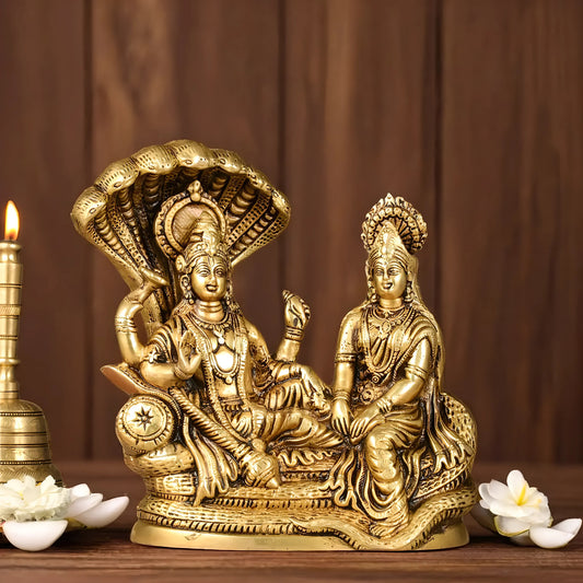 Brassaura™ Pure Brass Lakshmi Narayan Idol on Sheshnaag – 4kg, 8-Inch – Handcrafted Idol for Serenity & Prosperity in Home Temple