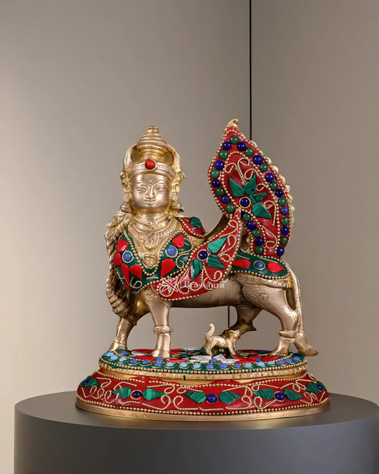 Brassaura™ Brass Kamdhenu Cow with Calf – Meenakari Stonework | 7 Inches Height | 1.59 Kgs Weight | Symbol of Nurturing & Prosperity