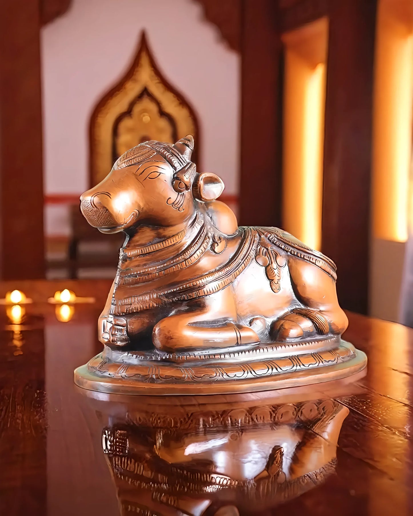 Brassaura™ Handcrafted Brass Nandi Statue – Copper Tone | Height 6" & Weight 3.25 Kgs