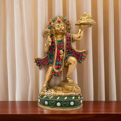 Brassaura™ Brass Gem Stone Work Mountain Hanuman Idol - Heights 9.6 Inches & Weight 2.7 Kgs | Temple & Festive Use