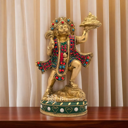 Brassaura™ Brass Gem Stone Work Mountain Hanuman Idol - Heights 9.6 Inches & Weight 2.7 Kgs | Temple & Festive Use