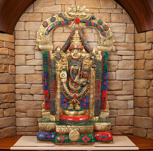Brassaura™ Brass Handcrafted Tirupati Balaji Idol gem Stonework & Thiruvarchi Prabhavali – 20 Inches, 12 Kgs