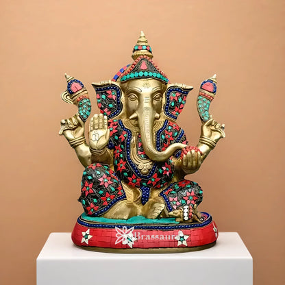 Brassaura™ Brass Gem Stone Work Ganesha Idol | Height 13.7 Inches & Weight 10.95 Kgs
