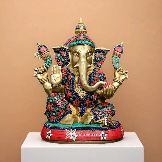 Brassaura™ Brass Gem Stone Work Ganesha Idol | Height 13.7 Inches & Weight 10.95 Kgs