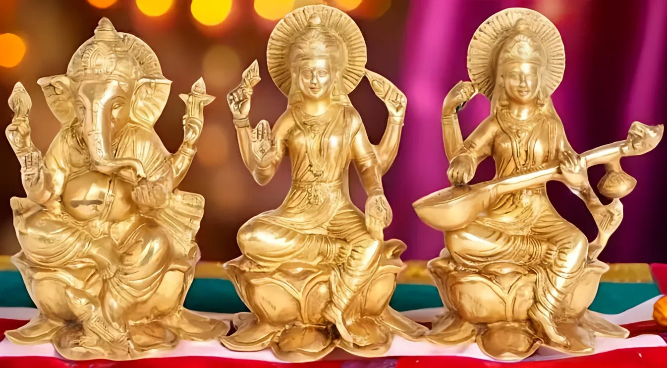 Brassaura™ Brass Laxmi Ganesha Saraswati Idol – Height 4 Inches & Weight 10.36 Kgs | Home & Temple Murti