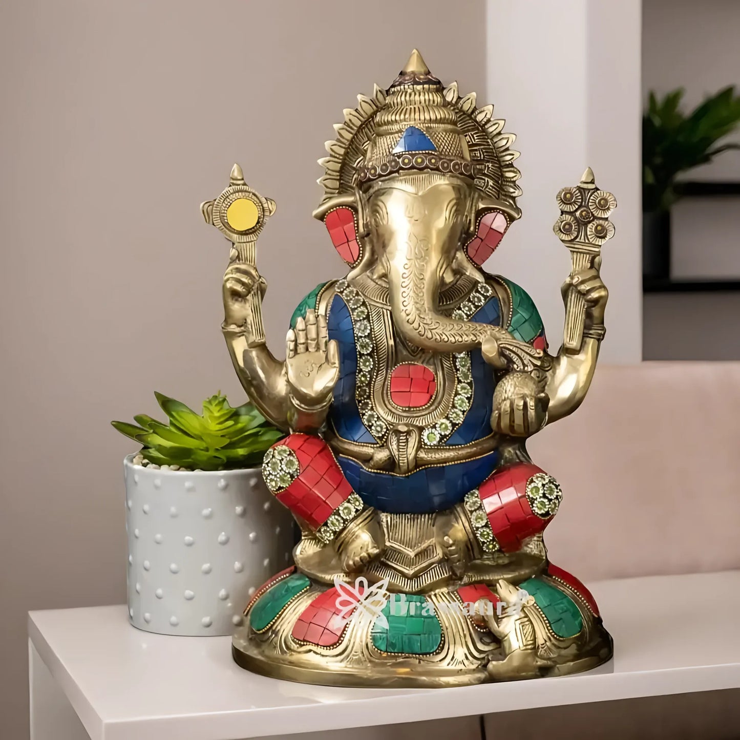 Brassaura™ Brass Gem Stone Work Ganesha Idol | Height 13.75 Inches & Weight 8.96 Kgs
