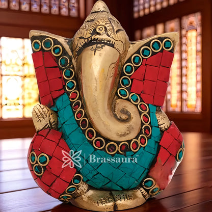 Brassaura™ Brass Gem Stone Work Ganesha Idol for Home and Decor | Weight 1 Kg | Height 4 Inches