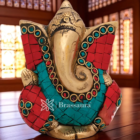 Brassaura™ Brass Gem Stone Work Ganesha Idol for Home and Decor | Weight 1 Kg | Height 4 Inches