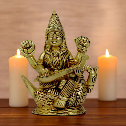 Brassaura™ Brass Saraswati Figurine – Height 5.6 Inches & Weight 0.48 Kgs | Artistic Goddess Statue
