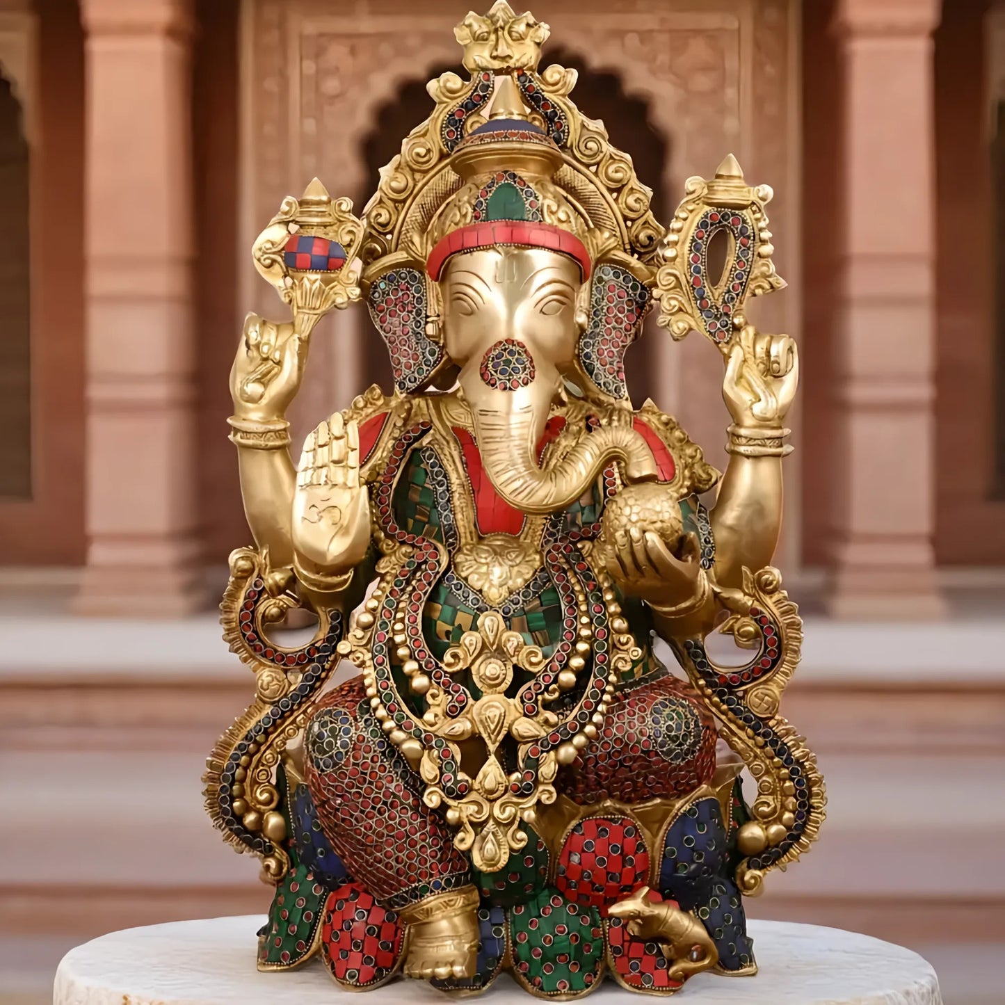 Brassaura™ Pure Brass Lord Ganesha Seated on Lotus | Handcrafted Stonework Idol | Weight 22 Kgs | Height 21 Inches