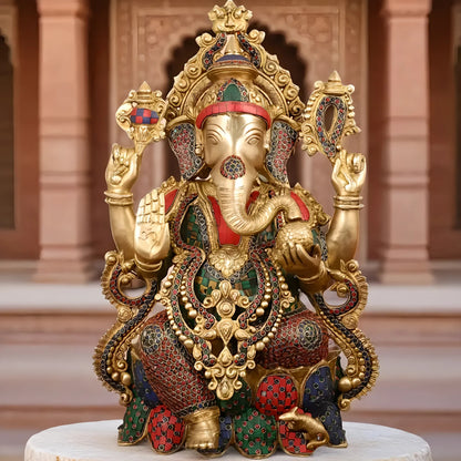 Brassaura™ Pure Brass Lord Ganesha Seated on Lotus | Handcrafted Stonework Idol | Weight 22 Kgs | Height 21 Inches