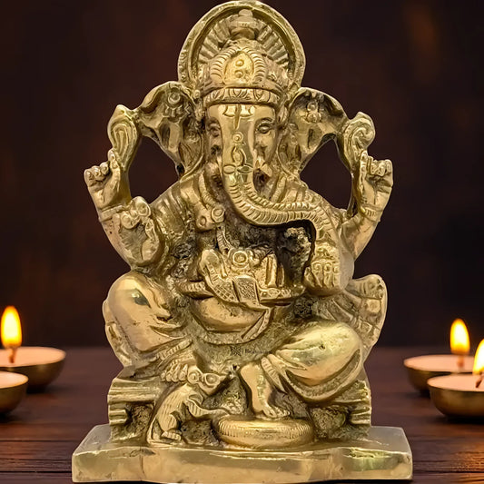 Brassaura™ Brass Ganesha Murti – Height 4 Inches & Weight 0.7 Kg | Ganesh Bhagwan Statue for Home & Pooja Room