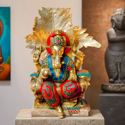 Brassaura® Brass Ganesha Idol with Meenakari Stonework | Height 10 Inches