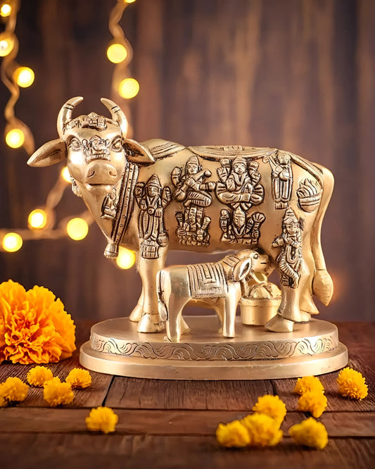 Brassaura™ Engraved Brass Kamdhenu Statue – Height 5" | Weight 2 Kgs