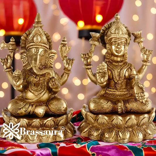 Brassaura™ Traditional Brass Laxmi Ganesha Murti – Height 5 Inches & Weight 2.9 Kgs | Puja & Temple Idol