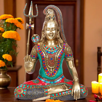 Brassaura™ Brass Shiva Idol Adorned with Gem Stones –– Height 20 Inches & Weight 13.7 Kgs | Traditional Décor