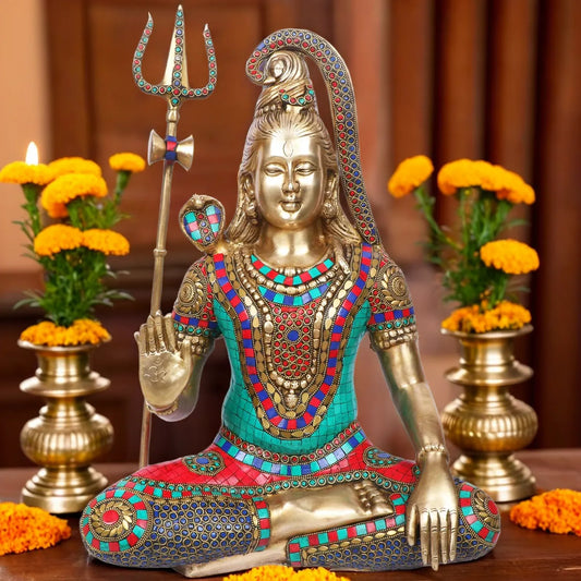 Brassaura™ Brass Shiva Idol Adorned with Gem Stones –– Height 20 Inches & Weight 13.7 Kgs | Traditional Décor