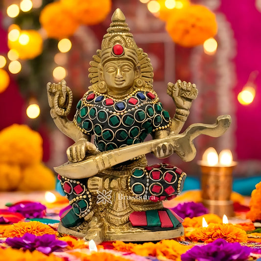 Brassaura™ Artistic Brass Saraswati Murti with Gem Stone Detailing – Height 4.8 Inches & Weight 0.8 Kgs