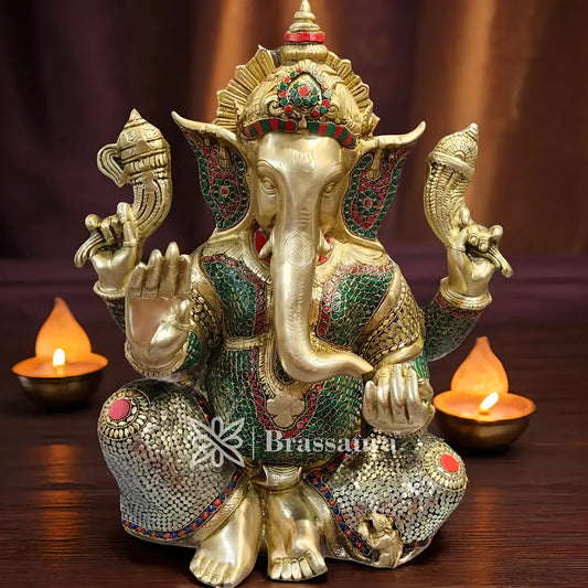 Brassaura™ Brass Gem Stone Work Ganesha Idol for Home and Decor | Weight 20 Kgs | Height 20 Inches