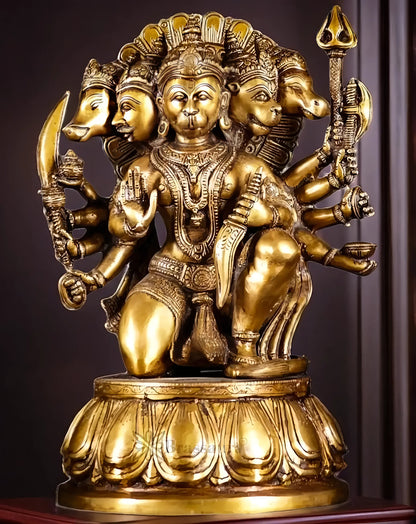 Brassaura™ Handcrafted Superfine Brass Panchmukhi Hanuman Idol – Height 13.5 Inches & Weight 9 Kgs | Heat-Treated Golden Finish