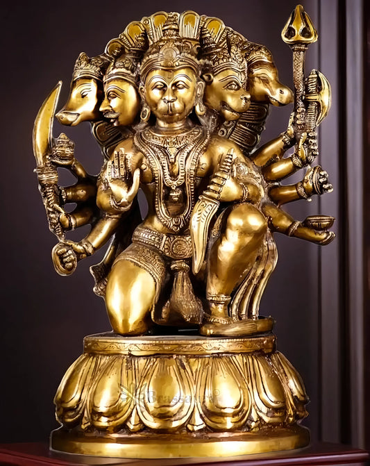 Brassaura™ Handcrafted Superfine Brass Panchmukhi Hanuman Idol – Height 13.5 Inches & Weight 9 Kgs | Heat-Treated Golden Finish