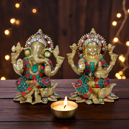 Brassaura™ Artistic Brass Gem Stone Work Laxmi Ganesha Statue – Height 8.8 Inches & Weight 5.1 Kgs | Spiritual Home Décor