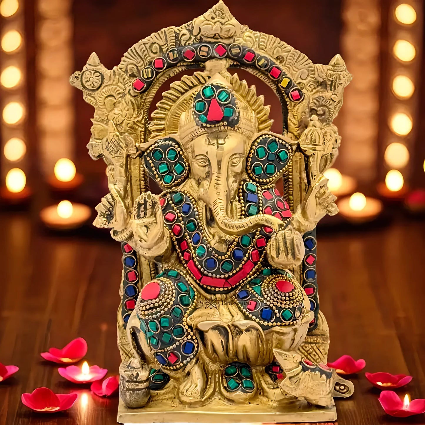 Brassaura™ Gemstone-Embellished Brass Ganesha Murti for Home & Temple Décor | Height 8.6 Inches & Weight 1.9 Kgs