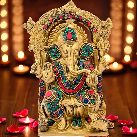 Brassaura™ Gemstone-Embellished Brass Ganesha Murti for Home & Temple Décor | Height 8.6 Inches & Weight 1.9 Kgs