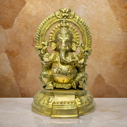 Brassaura™ Brass Ganesha Sitting on Singhasan – Height 12.99 inches | Weight 5.3 kgs
