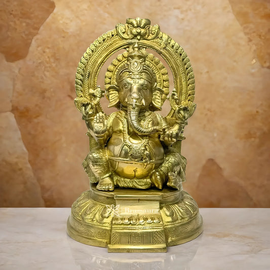 Brassaura™ Brass Ganesha Sitting on Singhasan – Height 12.99 inches | Weight 5.3 kgs