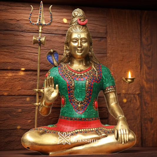 Brassaura™ Gemstone Decorated Brass Lord Shiva Statue – Height 20 Inches & 12.4 Kgs | Spiritual Home Accent