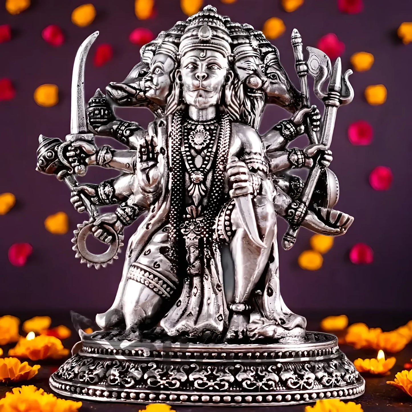 Brassaura™ Pure Brass Silver-Plated Panchmukhi Hanuman Idol – Height 4.5 Inches & Weight 450g | Handcrafted Miniature Idol