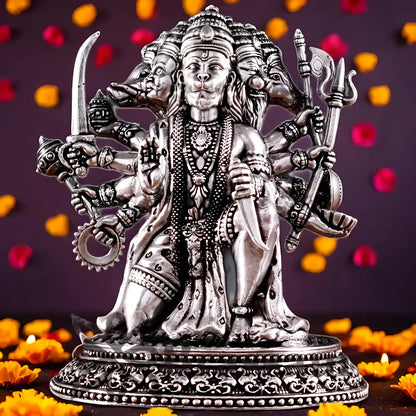 Brassaura™ Pure Brass Silver-Plated Panchmukhi Hanuman Idol – Height 4.5 Inches & Weight 450g | Handcrafted Miniature Idol