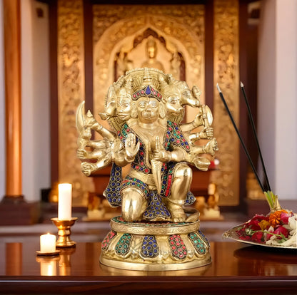 Brassaura™ Brass Superfine Panchmukhi Hanuman Idol – Height 10 Inches & Weight 7 Kgs | Stonework
