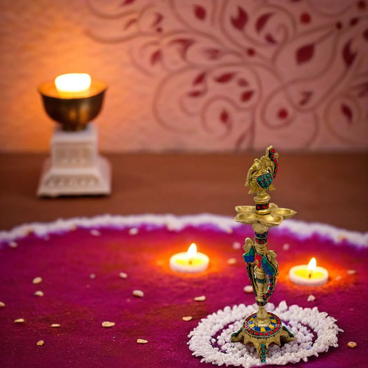 Brass Gem Stone Work Diya Idol for Home and Decor Weight 1.2 Kg Height 11.8 inch