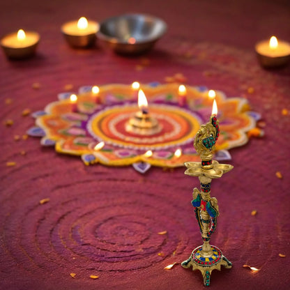 Brass Gem Stone Work Diya Idol for Home and Decor Weight 1.2 Kg Height 11.8 inch