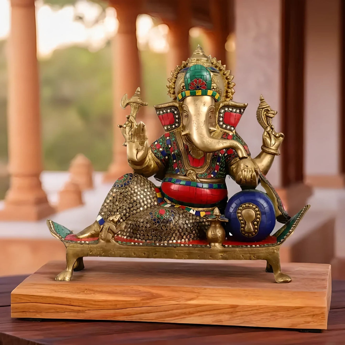 Brassaura™ Brass Ganesha on Decorated Singhasan with Stonework | Height 16 Inches & Weight 16 Kgs
