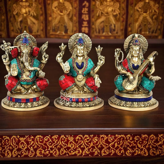 Brassaura™ Brass Gem Stone Work Laxmi Ganesha Saraswati Murti – Height 8.5 Inches & Weight 9.3 Kgs | Divine Trio Idol