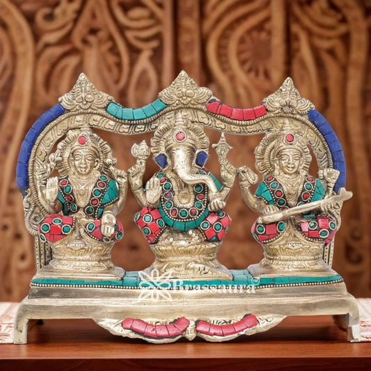 Brassaura™ Artistic Brass Gemstone Laxmi Ganesha Saraswati Statue – Height 7 Inches & Weight 3.8 Kgs | Puja Room Idol