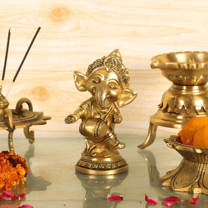 Brassaura® Baby Dholak Ganesha Brass Idol for Office Desk & Home Temple | Height 5 Inches
