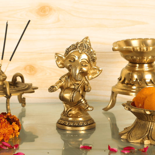 ब्रासौर्रा® बेबी ढोलक गणेश पीतल की मूर्ति ऑफिस डेस्क और घर के मंदिर के लिए | ऊंचाई 5 इंच