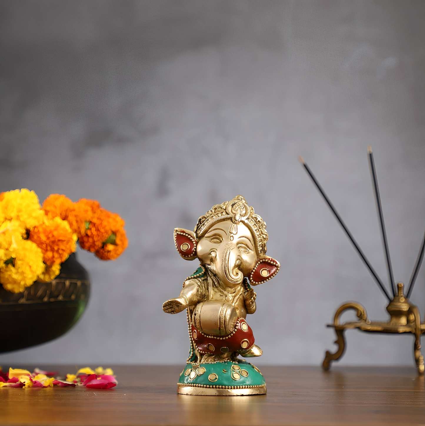 Brassaura® Baby Dholak Lord Ganesha Idol | Brass Handcrafted | Height 5 Inches