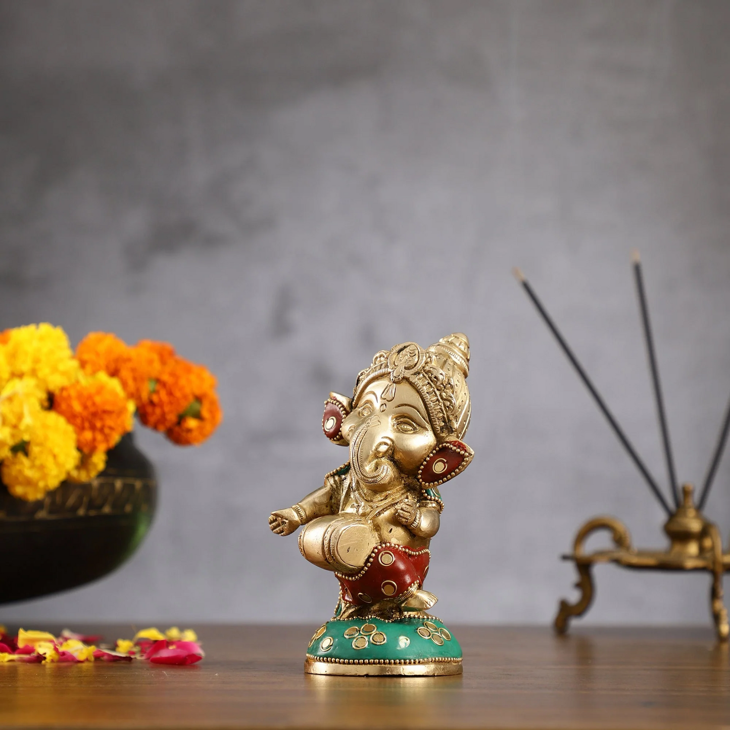 Brassaura™ Baby Dholak Lord Ganesha Idol | Brass Handcrafted | Height 5 Inches & Weight 1 Kg