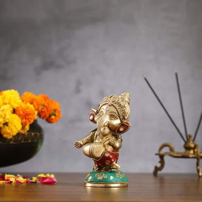 Brassaura™ Baby Dholak Lord Ganesha Idol | Brass Handcrafted | Height 5 Inches & Weight 1 Kg