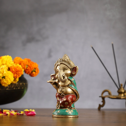 Brassaura™ Brass Lord Ganesha Playing Flute | Handcrafted for Study Table & Temple | Height 5 Inches & Weight 1 Kg