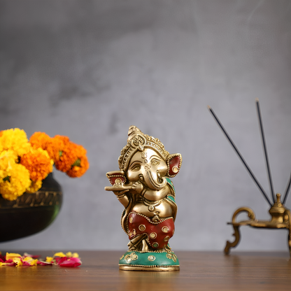 ब्रसौड़ा® पीतल के भगवान गणेश बांसुरी बजाते हुए | स्टडी टेबल और मंदिर के लिए हस्तनिर्मित | ऊंचाई 5 इंच