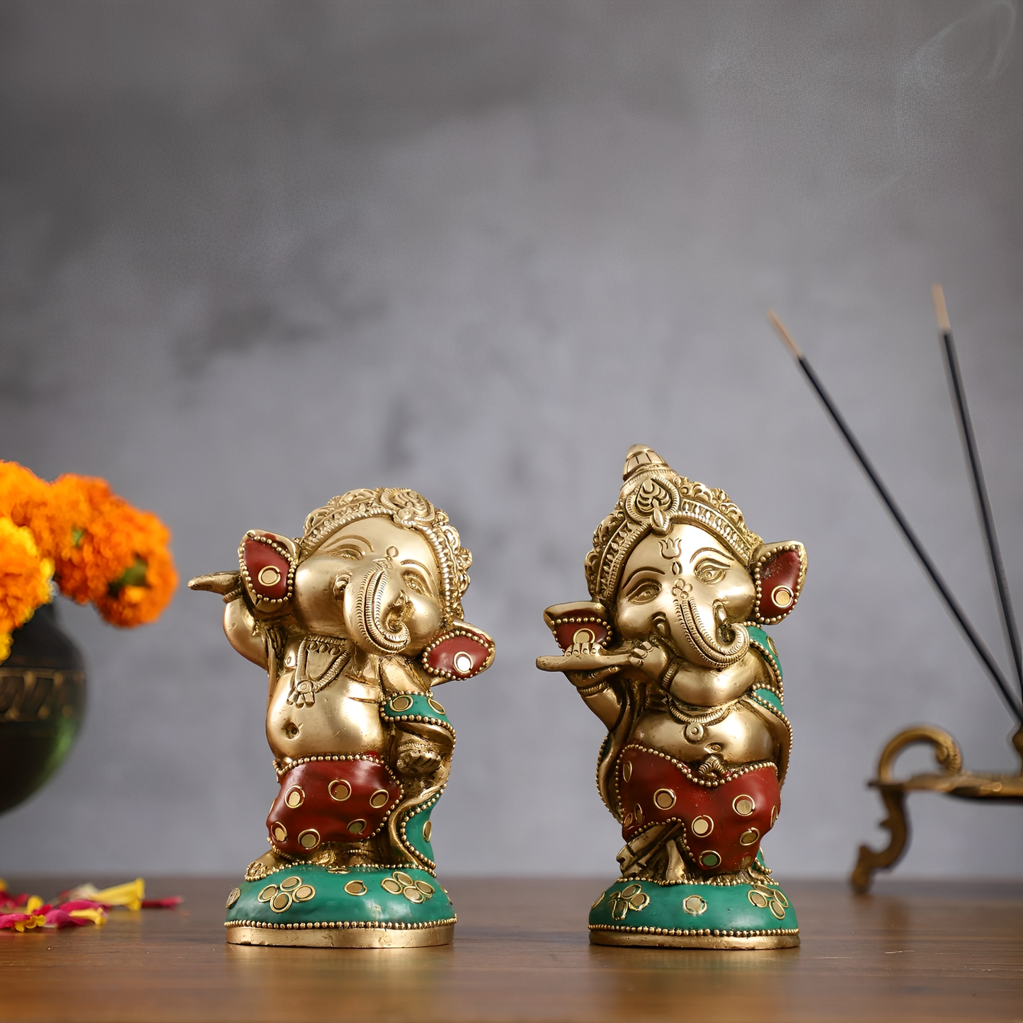 Brassaura® Set of 2 Baby Lord Ganesha Idols | Brass with Stonework & Golden Accents | Height 5 Inches